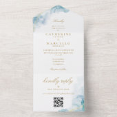 Invitation Tout En Un Mariage Code QR Moderne Aquarelle Bleue Or (À l'intérieur)