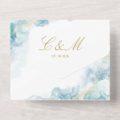 Invitation Tout En Un Mariage Code QR Moderne Aquarelle Bleue Or (Verso)