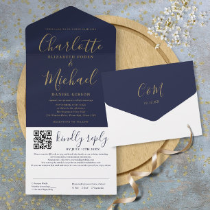 Invitation Tout En Un Mariage Code QR Moderne Bleu Marine Et Or Écriture