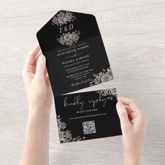 Invitation Tout En Un Mariage code QR monogramme gothique noir et blanc (Déchirure)