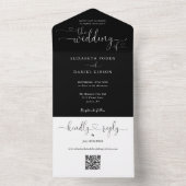 Invitation Tout En Un Mariage Code QR Noir et Blanc Script Hearts (À l'intérieur)