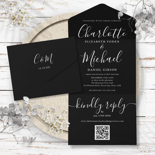 Invitation Tout En Un Mariage Code QR Noir et Blanc Script Signature