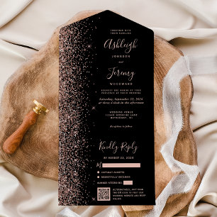 Invitation Tout En Un Mariage Code QR Noir Paillettes Or Rose