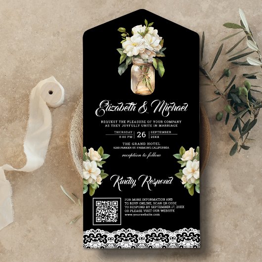 Invitation Tout En Un Mariage Code QR Noir Pot Mason Magnolia Blanche