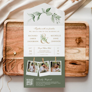 Invitation Tout En Un Mariage Code QR Or Ampersand de la Végétation Sage