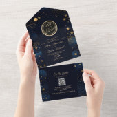 Invitation Tout En Un Mariage Code QR Or de la Marine Céleste (Déchirure)