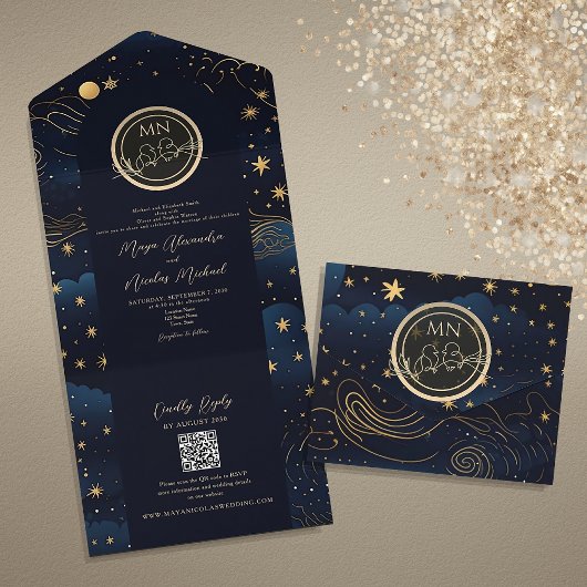 Invitation Tout En Un Mariage Code QR Or de la Marine Céleste