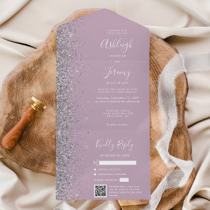 Invitation Tout En Un Mariage Code QR Pailleté Argent Lilas Poussiéreux