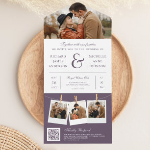 Invitation Tout En Un Mariage Code QR Photo Esperluette Violet Moderne