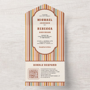 Invitation Tout En Un Mariage Code QR Rayures Colorées Rétro 70