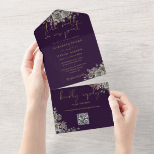 Invitation Tout En Un Mariage Code QR Roses Violet Et Or Gothique