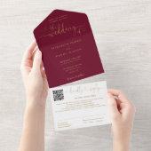 Invitation Tout En Un Mariage Code QR Script Cœurs Bourgogne Et Or (Déchirure)