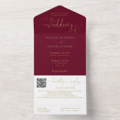 Invitation Tout En Un Mariage Code QR Script Cœurs Bourgogne Et Or (À l'intérieur)