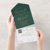 Invitation Tout En Un Mariage Code QR Script Vert Émeraude Et Or (Déchirure)