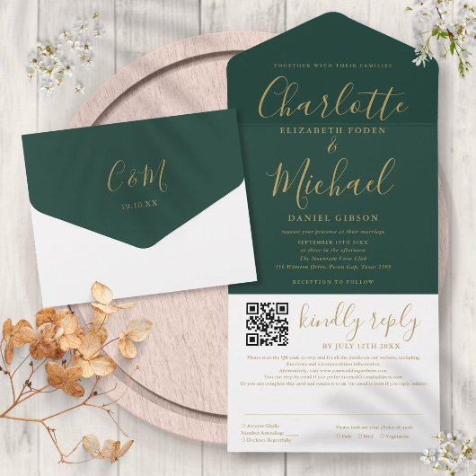 Invitation Tout En Un Mariage Code QR Script Vert Émeraude Et Or