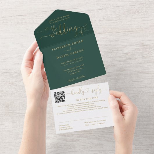 Invitation Tout En Un Mariage Code QR Vert Émeraude Et Or (Déchirure)
