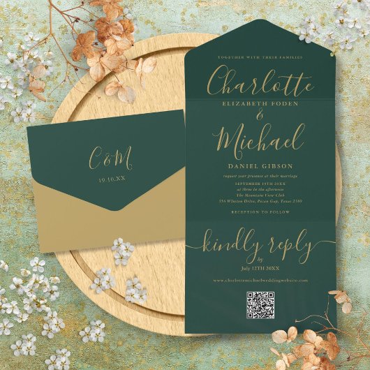 Invitation Tout En Un Mariage Code QR Vert Emeraude Et Or
