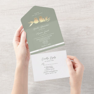 Invitation Tout En Un Mariage Colombes d'Amour Vert Sauge Or