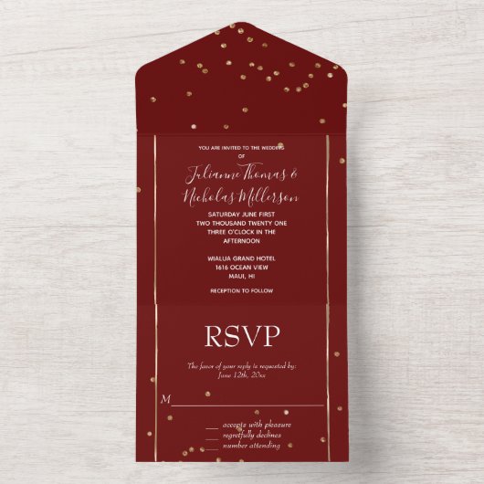 Invitation Tout En Un Mariage Confetti en or rouge (À l'intérieur)