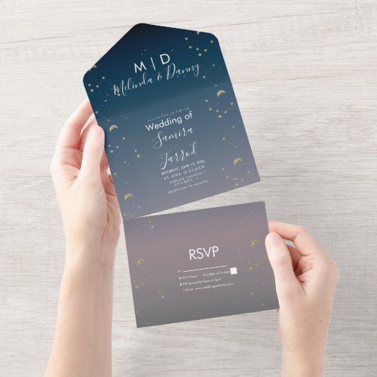 Invitation Tout En Un Mariage Constellation Gold Sky Ombre (Déchirure)