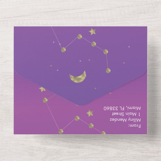 Invitation Tout En Un Mariage Constellation Or Ombre Violet (Verso)