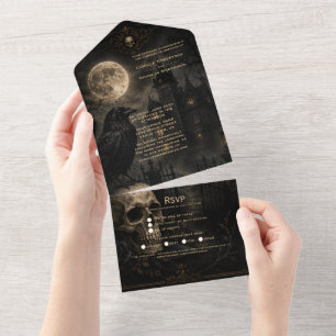 Invitation Tout En Un Mariage crâne de corbeau gothique élégant