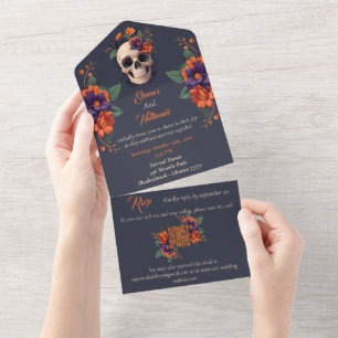 Invitation Tout En Un Mariage crâne floral gothique élégant 3D