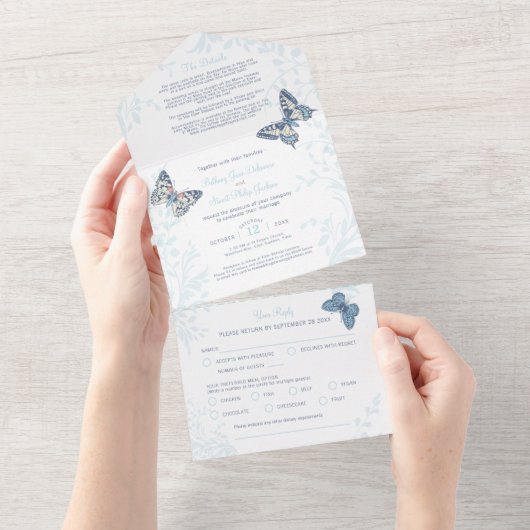 Invitation Tout En Un Mariage crème papillons repas RSVP détails (Déchirure)