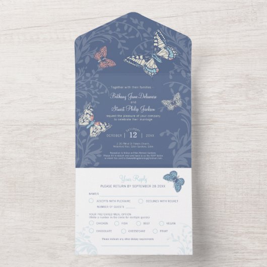 Invitation Tout En Un Mariage crème papillons tourbillons tourbillon RSV (À l'intérieur)