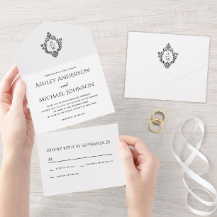 Invitation Tout En Un Mariage Crest noir et blanc Vintage Monogramme RSV