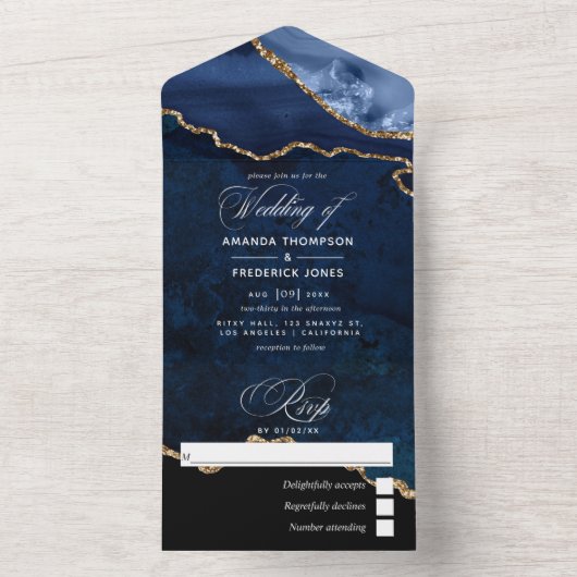 Invitation Tout En Un Mariage d'âge bleu et or de la marine (À l'intérieur)