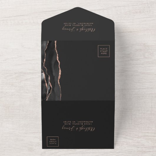 Invitation Tout En Un Mariage d'âge moderne Black Rose Gold (Dehors)