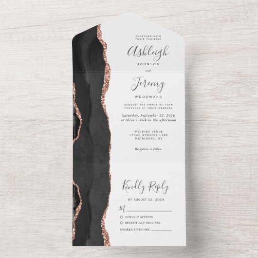 Invitation Tout En Un Mariage d'âge moderne Black Rose Gold (À l'intérieur)