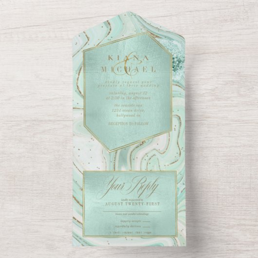 Invitation Tout En Un Mariage d'agrégation Abstrait ID827 vert (À l'intérieur)