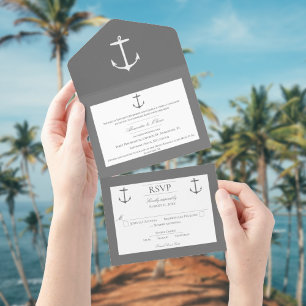 Invitation Tout En Un Mariage d'Ancres nautiques simple Gris
