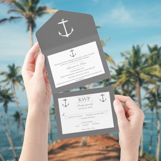 Invitation Tout En Un Mariage d'Ancres nautiques simple | Gris