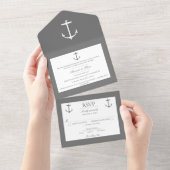 Invitation Tout En Un Mariage d'Ancres nautiques simple | Gris (Déchirure)