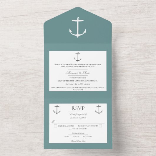 Invitation Tout En Un Mariage d'Ancres nautiques simple | TURQUOISE (À l'intérieur)
