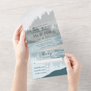Invitation Tout En Un Mariage dans une forêt de bois rêveuse au bord d'u
