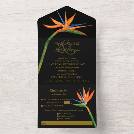 Invitation Tout En Un Mariage d'aquarelle Bird of Paradise (À l'intérieur)