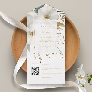 Invitation Tout En Un Mariage d'aquarelle blanc & or Floral Folial