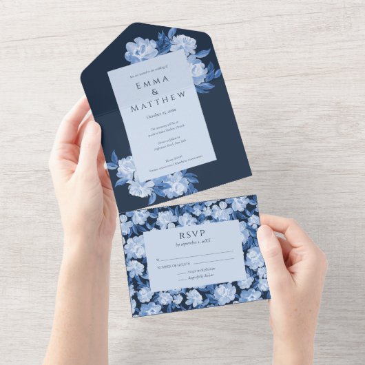 Invitation Tout En Un Mariage d'aquarelle bleu blanc (Déchirure)