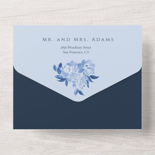 Invitation Tout En Un Mariage d'aquarelle bleu blanc (Verso)