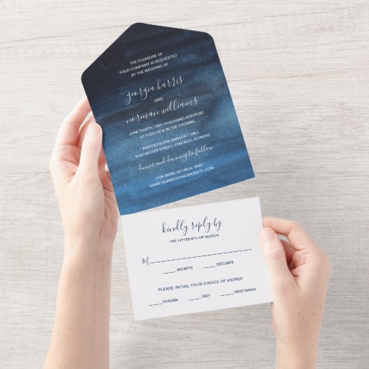 Invitation Tout En Un Mariage d'aquarelle bleu marine moderne All In One (Déchirure)