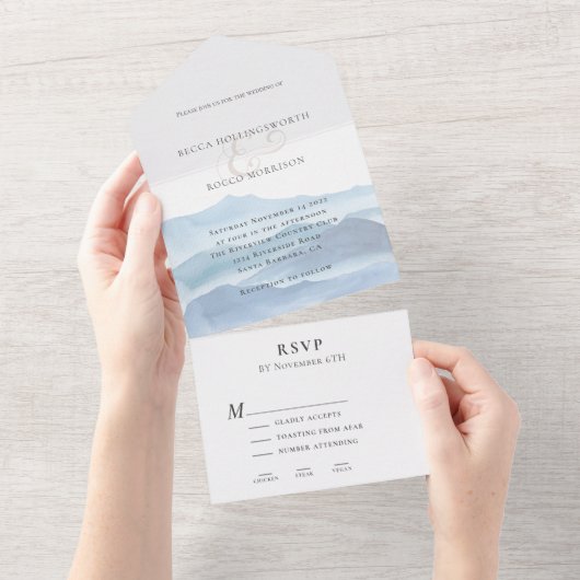 Invitation Tout En Un Mariage d'aquarelle bleu moderne (Déchirure)