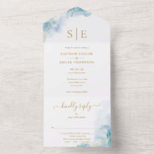 Invitation Tout En Un Mariage d'aquarelle bleu monogramme or