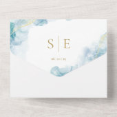 Invitation Tout En Un Mariage d'aquarelle bleu monogramme or (Verso)