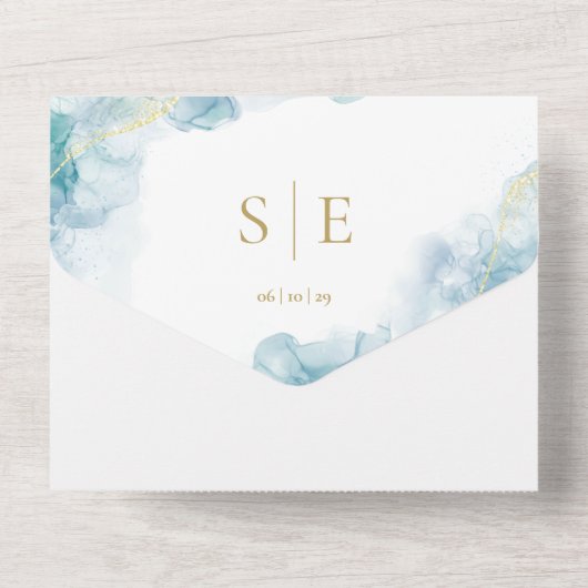 Invitation Tout En Un Mariage d'aquarelle bleu monogramme or (Verso)