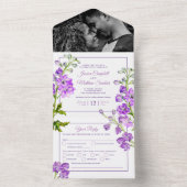 Invitation Tout En Un Mariage d'aquarelle de fleurs violettes de Delphin (À l'intérieur)