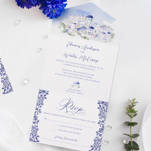 Invitation Tout En Un Mariage d'aquarelle de l'architecture de Santorin 